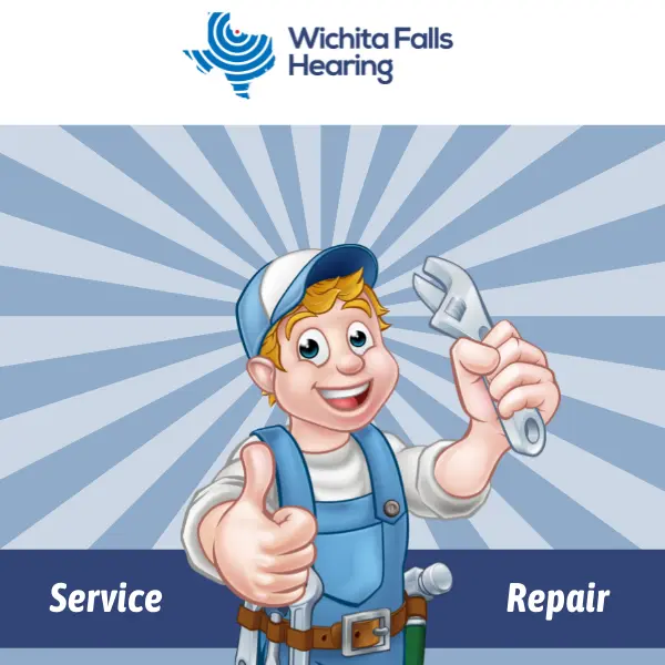 Hearing instrument specialist cleaning and inspecting a hearing aid at a service station