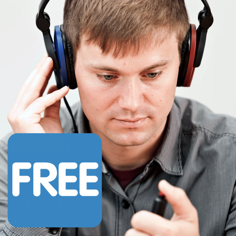 A man takes a hearing test with the word free displayed on top of the image