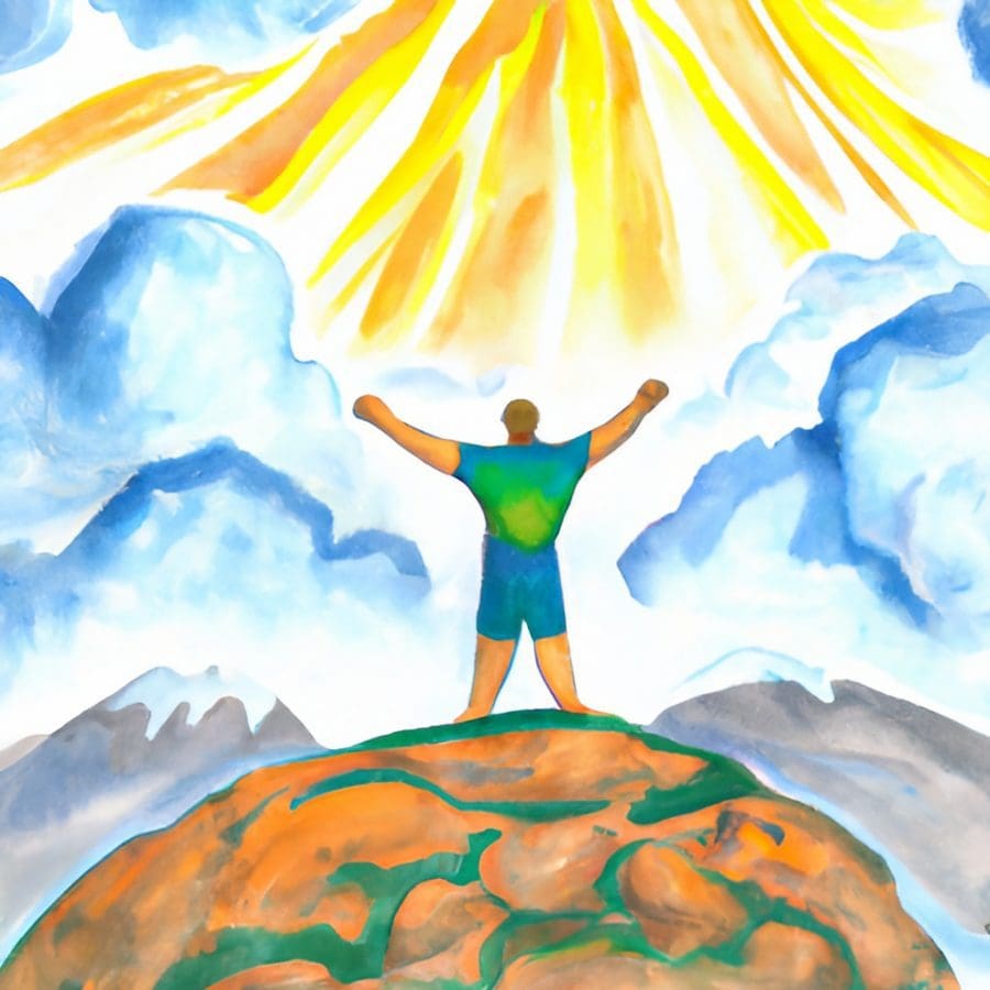 A watercolor image of a man standing atop a mountain with his arms outstretched.