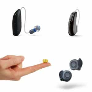 A variety of hearing aids are displayed that are available at Wichita Falls Hearing