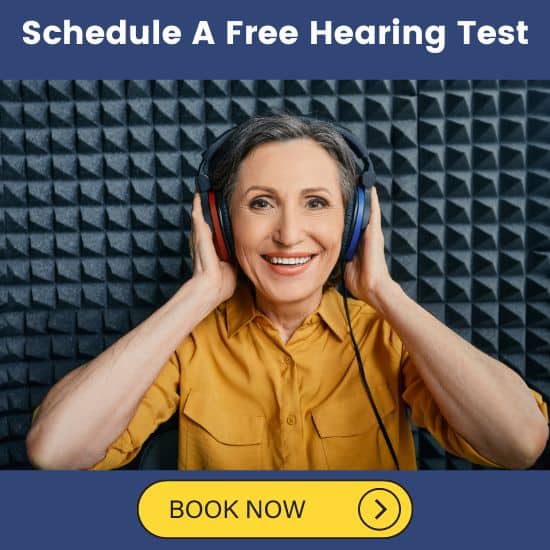 A woman takes a hearing exam. Click here to schedule your free hearing evaluation now.